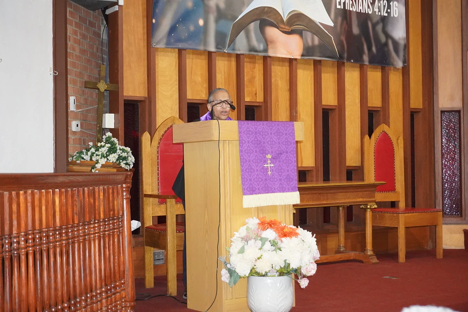 The sanctuary pulpit and flowers for Ash Wednesday